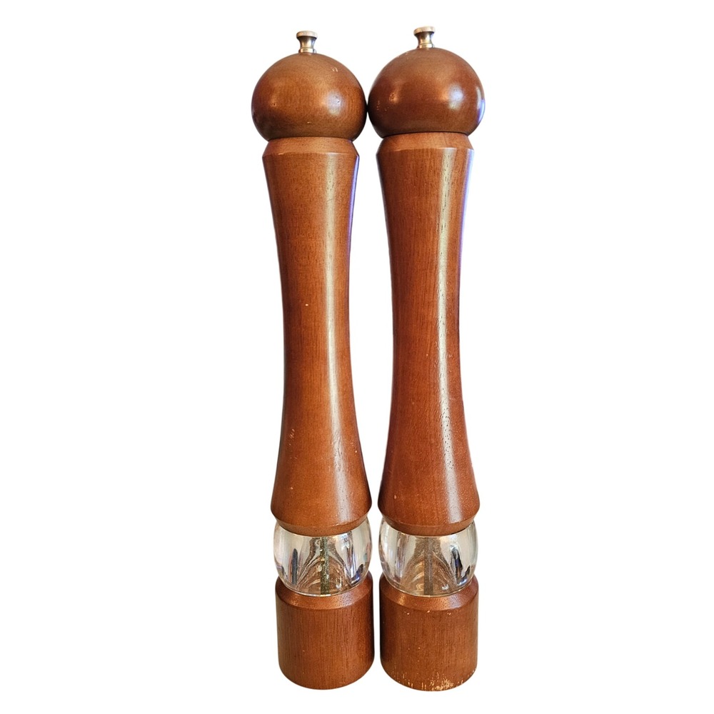 Vintage 17" Olde Thompson Wood Acrylic Salt Pepper Mill Set Carbon Steel Grinder